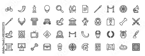 History and archeology line icon set. Vector pictograms of antique artifacts, ancient weapons, and historical objects, thin linear illustration.