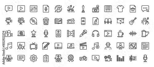Entertainment line icon set. Vector pictograms of camera, music notes, film reel, microphone, and ticket, thin linear illustration.
