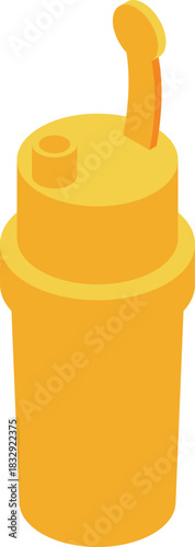 Protein shaker bottle isometric icon featuring a yellow cylindrical container with a drinking spout and lid