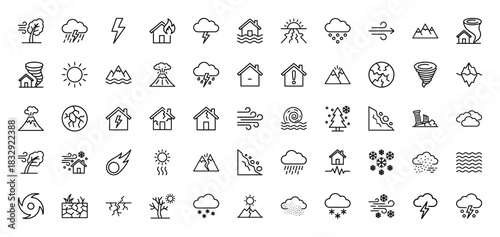 Natural disasters and extreme weather line icon set. Vector pictograms of flood, hurricane, earthquake, lightning, and avalanche, thin linear illustration.