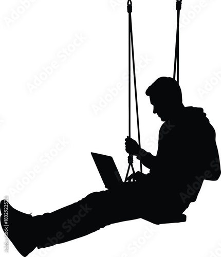 Black silhouette of a young person sitting on a swing and using a laptop vector graphic remote digital nomad lifestyle