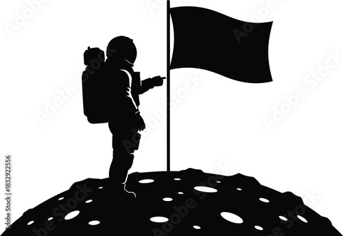Astronaut Silhouette with Flag on Moon Surface Icon Vector Illustration Black and White