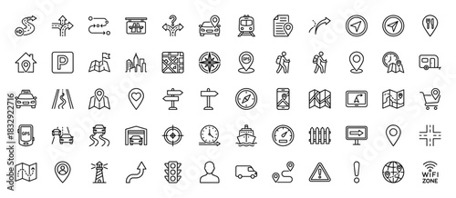 Navigation and travel line icon set. Vector pictograms of map, gps, car, compass, road, route, and destination, thin linear illustration.
