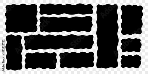 Wavy Textbox Black Silhouette Set in Transparent Png Background. Text Box Shape Frame Kit. Edge Rectangle Edge Border Bundle. Doodle Vector Illustration