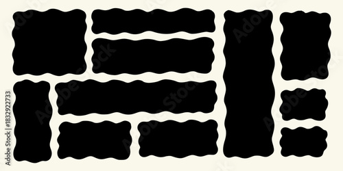 Wavy Textbox Black Silhouette Set. Text Box Shape Frame Kit. Edge Rectangle Edge Border Bundle. Doodle Vector Illustration