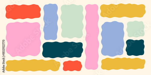 Wavy Textbox Colorful Figure Set. Text Box Shape Frame Kit. Edge Rectangle Edge Border Bundle. Doodle Vector Illustration