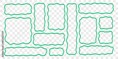 Wavy Textbox Doodle Green Line Set in Transparent Png Background. Text Box Shape Frame Kit. Edge Rectangle Edge Border Bundle. Outline Vector Illustration