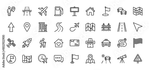 Navigation and travel line icon set. Vector pictograms of map, GPS, airplane, car, route, bridge, and building, thin linear illustration.