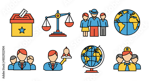 A vibrant collection of flat design icons representing key concepts of government, law, society, and global issues, perfect for civic and political themes.