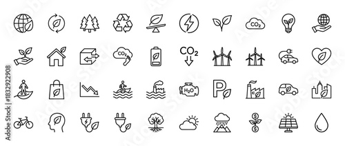 Ecology and environment line icon set. Vector pictograms of recycling, renewable energy, pollution, and climate change, thin linear illustration.
