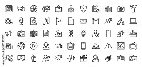 Media and journalism line icon set. Vector pictograms of newspaper, microphone, camera, press pass, megaphone, clapperboard and broadcasting, thin linear illustration.