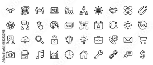 Business and technology line icon set. vector pictograms of network, communication, calendar, and security, thin linear illustration.
