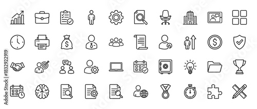 Business and management line icon set. Vector pictograms of briefcase, handshake, money, chart, calendar, clock, laptop, team, building, thin linear illustration.