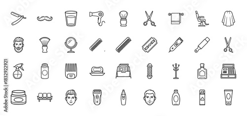 Barbershop line icon set. Vector pictograms of haircut tools, male grooming supplies, and equipment, thin linear illustration.