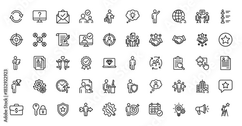 Human resources and business management line icon set. Vector pictograms of teamwork, target, resume, hiring, and partnership, thin linear illustration.