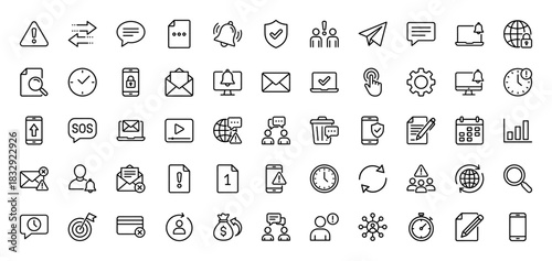 Business and communication line icon set. Vector pictograms of security shield, message bubble, alarm, clock, envelope, and settings gear, thin linear illustration.