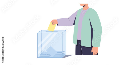 A person participates in the democratic process by casting their vote into a transparent ballot box during an election, symbolizing civic engagement and freedom.