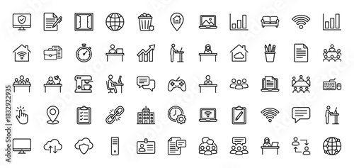 Business and office work line icon set. vector pictograms of briefcase, graph, globe, monitor, and meeting, thin linear illustration.