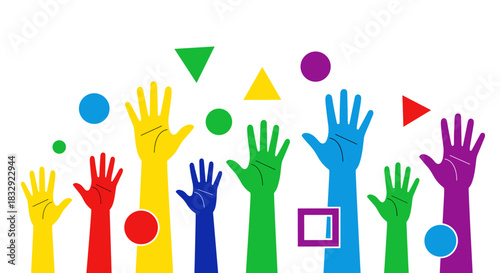 A vibrant illustration of diverse, colorful hands raised together, surrounded by playful geometric shapes, symbolizing unity, collaboration, and community participation.