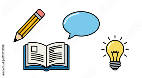 This vibrant vector illustration features essential icons symbolizing education, creativity, communication, and brilliant ideas for knowledge acquisition and intellectual growth.