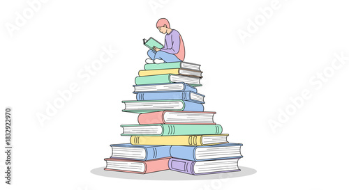 A young person sits calmly on a tall, vibrant pile of books, diligently reading and embodying the endless pursuit of knowledge and academic success.