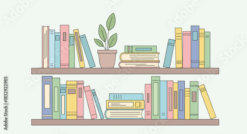 The image depicts a beautifully organized home library with pastel-colored books and a small potted plant neatly arranged on two modern wooden shelves.