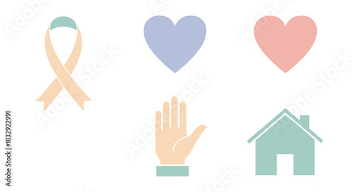 A collection of pastel-colored flat design vector icons representing concepts of community, health, support, home, and awareness, perfect for social and charitable projects.