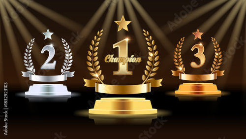 Gold, Silver, and Bronze Award Podiums with Laurel Wreaths and Spotlight Lighting – Champion Winner Ceremony Stage with 1st, 2nd, and 3rd Place – Luxury Trophy Presentation Vector Illustration