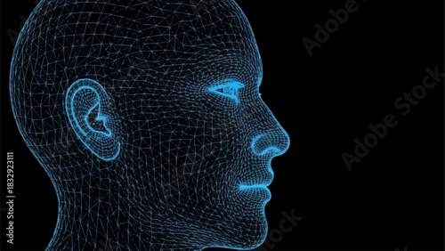 Digital Human Head Wireframe Profile on Black Background.