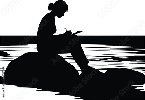 Black vector silhouette of a young woman sitting on a rock near the water writing in a notebook, outdoor sketcher illustration