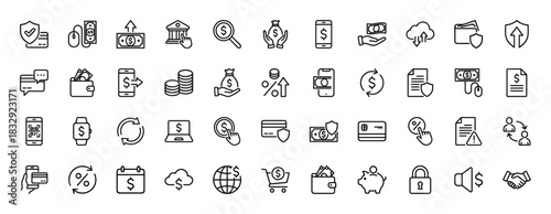 Finance line icon set. vector pictograms of dollar, wallet, card, security, bank, and mobile payment, thin linear illustration.