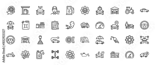 Automotive service and repair line icon set. vector pictograms of car wash, mechanic, gas pump, wheel, and diagnostics, thin linear illustration.