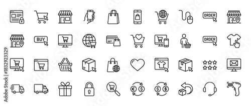E-commerce line icon set. Vector pictograms of shopping cart, delivery truck, wallet, order, and package, thin linear illustration.