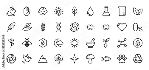 Natural and organic cosmetics line icon set. Vector pictograms of plants, animals, chemistry, and ecology symbols, thin linear illustration.