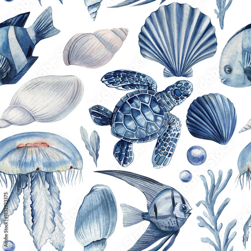 Blue sea turtle jellyfish seashell watercolor marine seamless pattern with coral and ocean fish for coastal summer design