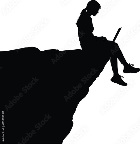Female silhouette working on a laptop on the edge of a cliff Remote work and digital nomad concept