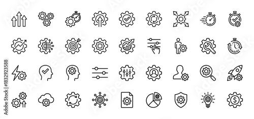 Management and engineering line icon set. Vector pictograms of gear, settings, optimization, performance, and efficiency, thin linear illustration.