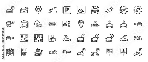 Transportation and parking line icon set. Vector pictograms of car parking signs, automatic barrier, ticket, disabled spot, and loading, thin linear illustration.