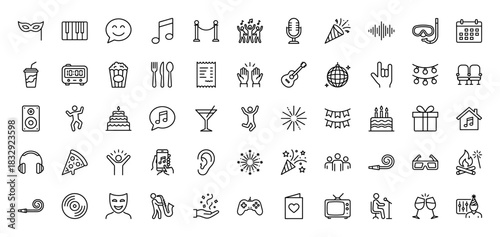 Party and celebration line icon set. Vector pictograms of confetti, cake, music notes, mask, and champagne glasses, thin linear illustration.