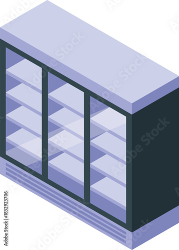 Isometric empty refrigerated display case with glass doors for showing products in supermarket