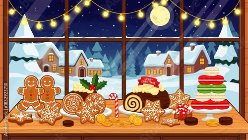 Festive Christmas Window Scene with Gingerbread Cookies, Yule Log, and Macarons, Snowing Outside