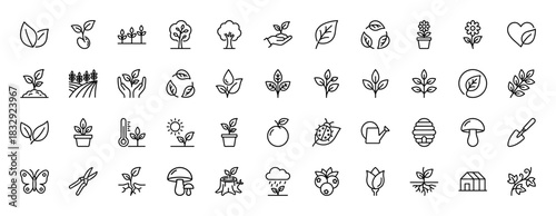 Gardening and nature line icon set. Vector pictograms of plants, leaves, seedlings, trees, fruit, mushroom, and tools, thin linear illustration.