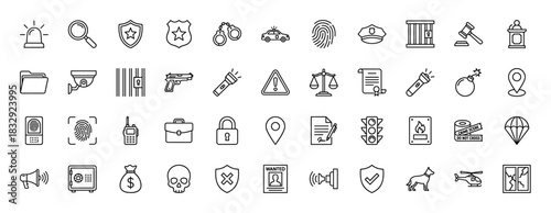 Law and order line icon set. Vector pictograms of police shield, fingerprint, handcuffs, security camera, and flashlight, thin linear illustration.