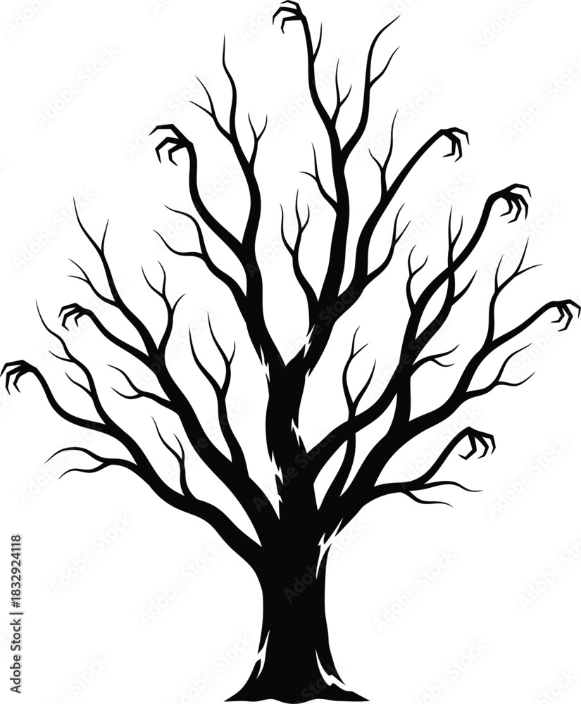 Fototapeta premium Spooky Halloween tree silhouette with claw hands and creepy bare branches vector illustration