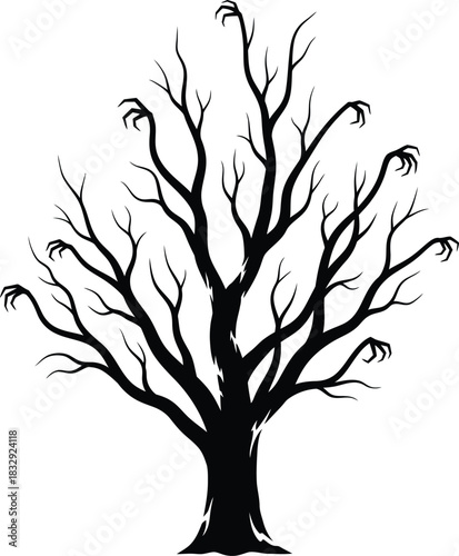 Spooky Halloween tree silhouette with claw hands and creepy bare branches vector illustration