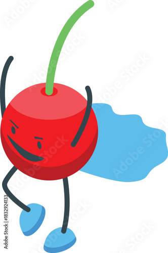 Cartoon cherry character walking happily, wearing a blue cape, ideal for healthy eating and fruit related projects