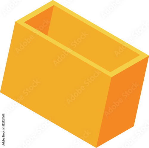 Empty orange rectangular cuboid tilting on a white background, representing concepts of storage, space, and geometric shapes