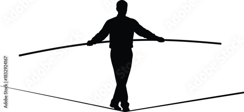 Tightrope walker silhouette balancing on high wire with pole black vector illustration