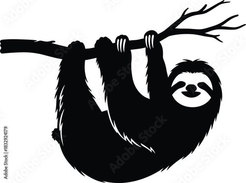 Black Silhouette Vector of a Cute Sloth Hanging on a Tree Branch Isolated on White