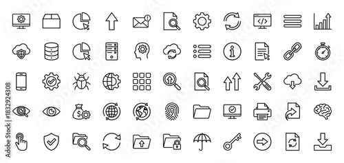 Technology and data line icon set. Vector pictograms of gear, chart, computer, cloud, and security, thin linear illustration.
